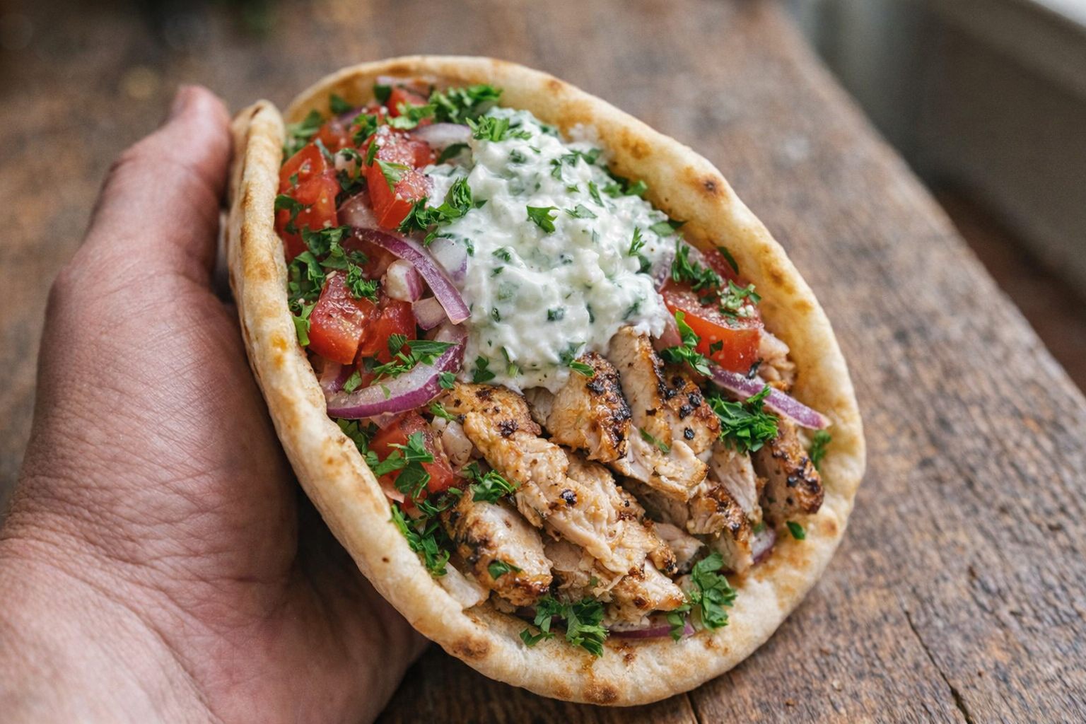 A close-up, overhead shot of a chicken gyro, pita bread filled with sliced grilled chicken, tzatziki sauce, tomatoes, red onion, and parsley, rustic wooden background, bright natural lighting